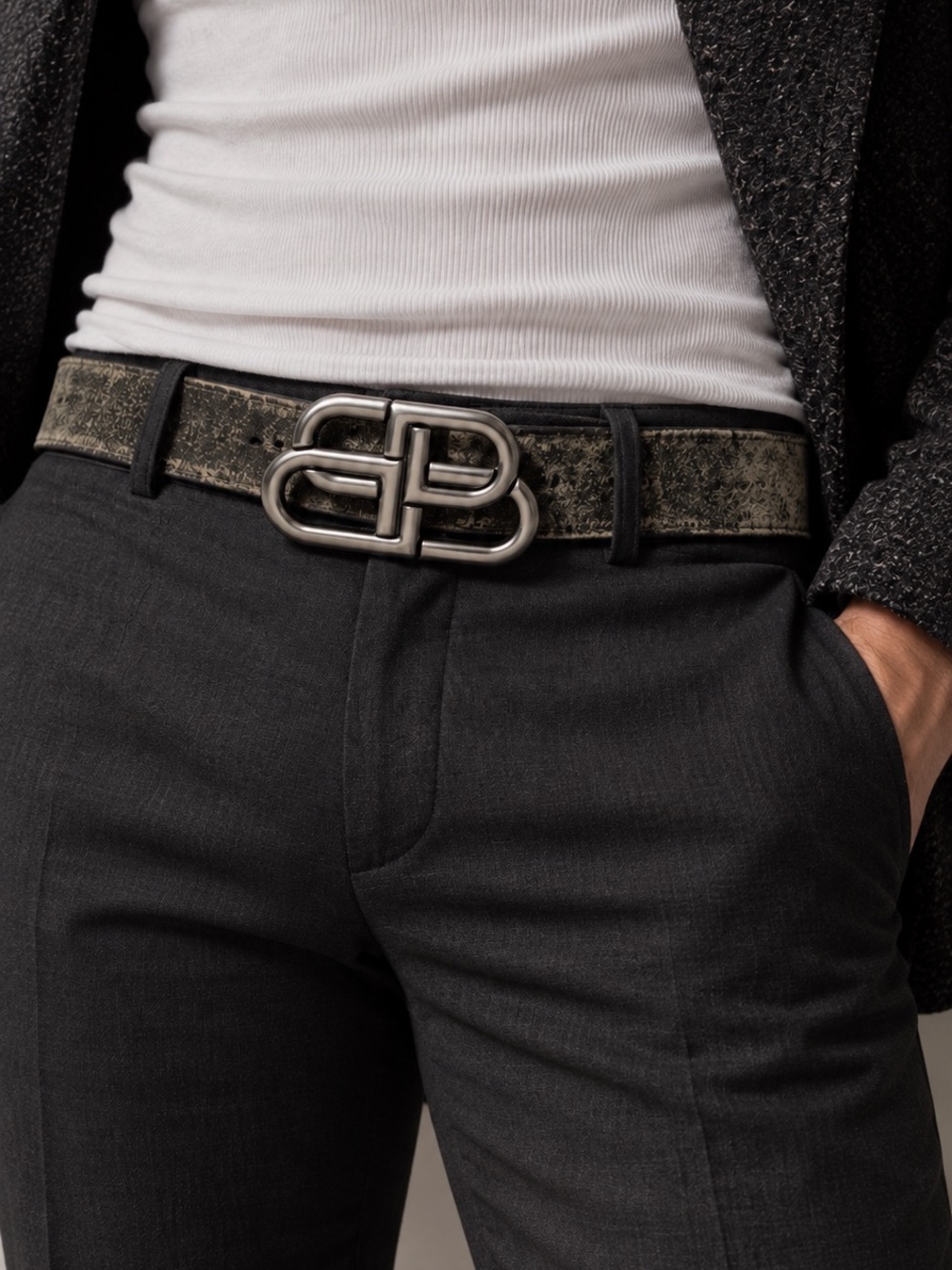 BALENCIAGA Men's Brown Distressed Belt with BB Logo Buckle NEW